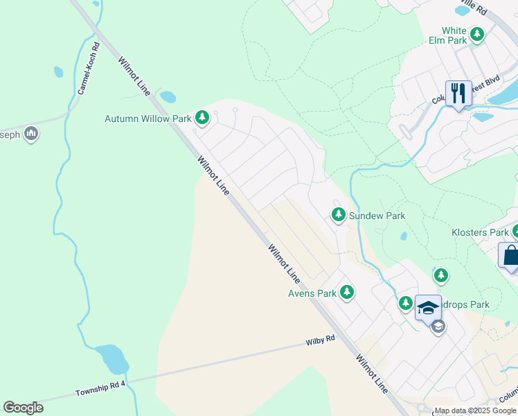 map of restaurants, bars, coffee shops, grocery stores, and more near 608 Mayapple Street in Waterloo