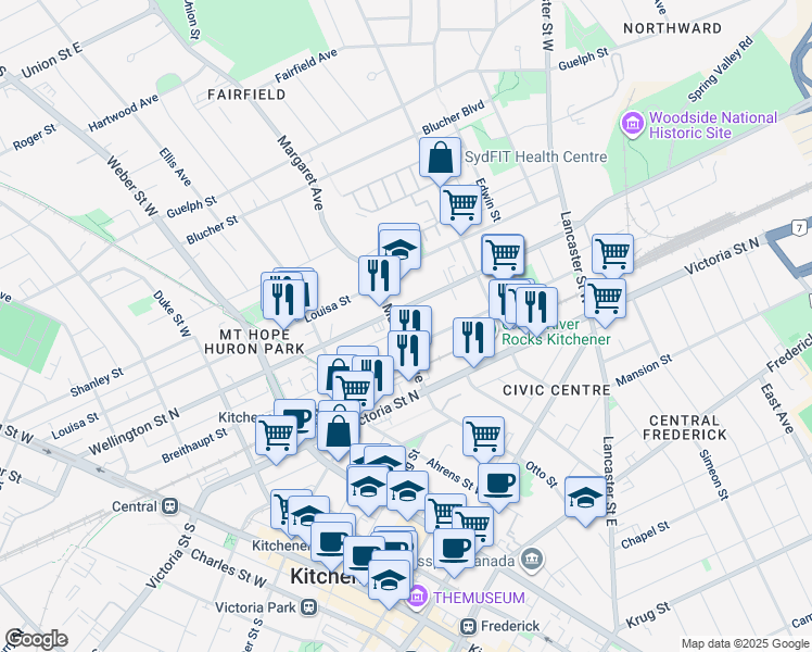 map of restaurants, bars, coffee shops, grocery stores, and more near in Kitchener