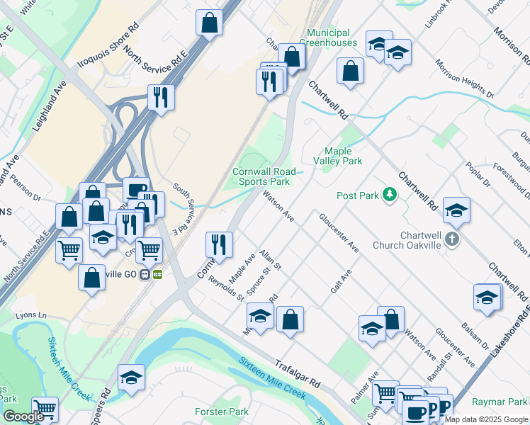 map of restaurants, bars, coffee shops, grocery stores, and more near 392 Pine Avenue in Oakville