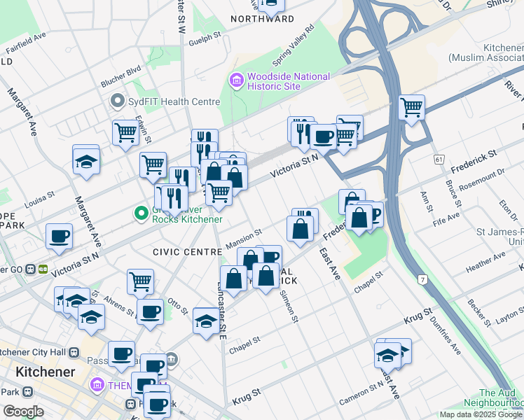 map of restaurants, bars, coffee shops, grocery stores, and more near 43 Locust Street in Kitchener