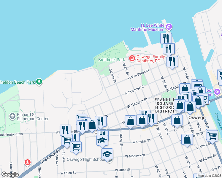 map of restaurants, bars, coffee shops, grocery stores, and more near 37-39 Liberty Street in Oswego