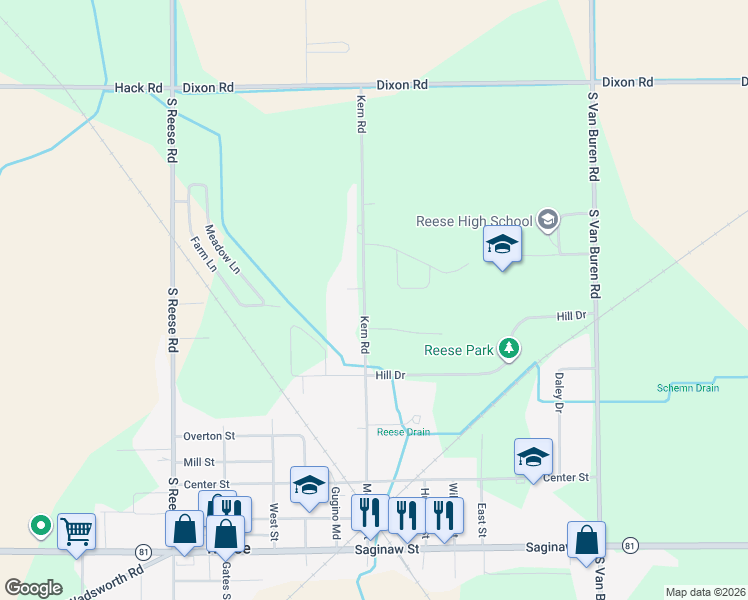 map of restaurants, bars, coffee shops, grocery stores, and more near 9715 Bader Drive in Reese