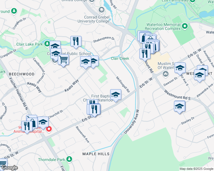 map of restaurants, bars, coffee shops, grocery stores, and more near 309 Karen Place in Waterloo