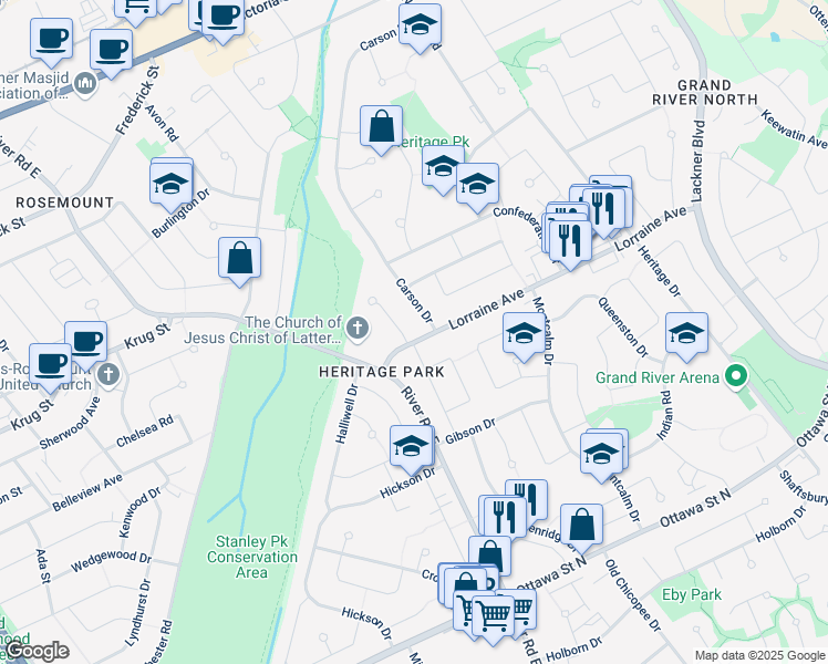 map of restaurants, bars, coffee shops, grocery stores, and more near 50 Lorraine Avenue in Kitchener