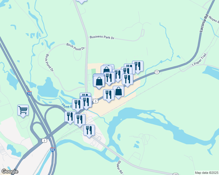 map of restaurants, bars, coffee shops, grocery stores, and more near 120 Laconia Road in Tilton