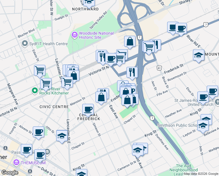 map of restaurants, bars, coffee shops, grocery stores, and more near in Kitchener