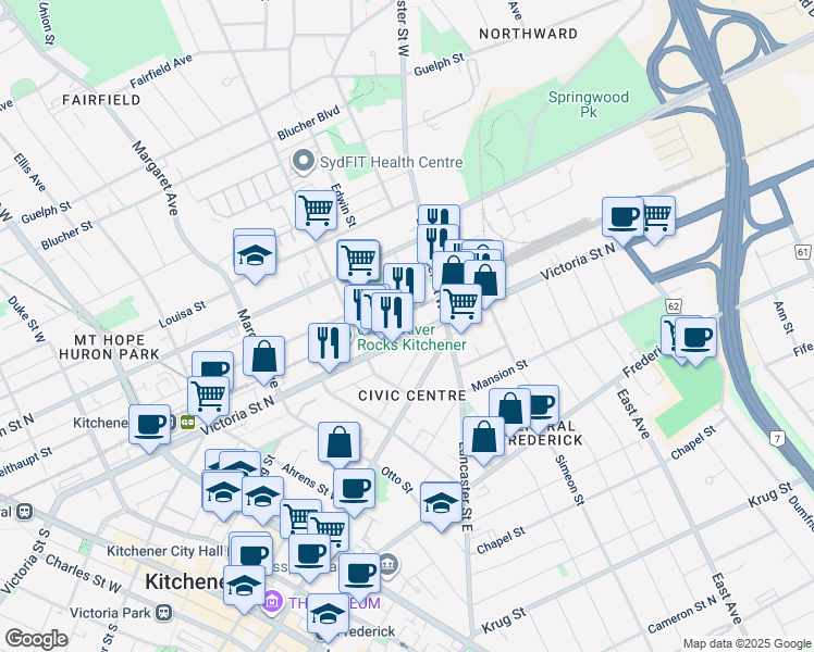 map of restaurants, bars, coffee shops, grocery stores, and more near in Kitchener