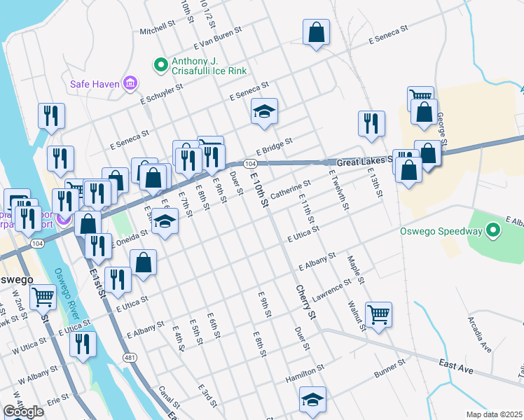 map of restaurants, bars, coffee shops, grocery stores, and more near 113-115 East Mohawk Street in Oswego