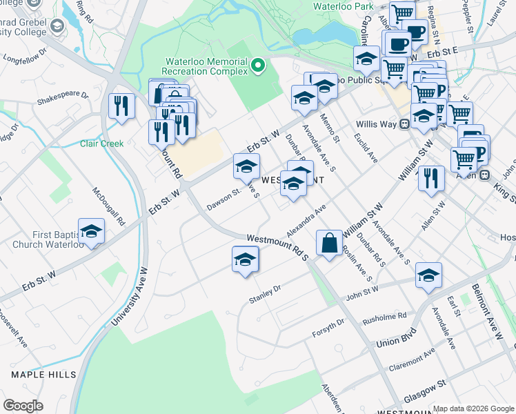 map of restaurants, bars, coffee shops, grocery stores, and more near 55 Dietz Avenue South in Waterloo