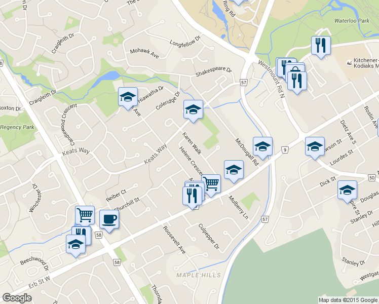 map of restaurants, bars, coffee shops, grocery stores, and more near in Waterloo