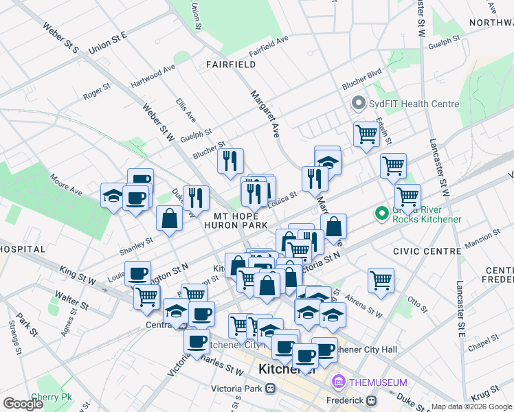 map of restaurants, bars, coffee shops, grocery stores, and more near 232 Louisa Street in Kitchener