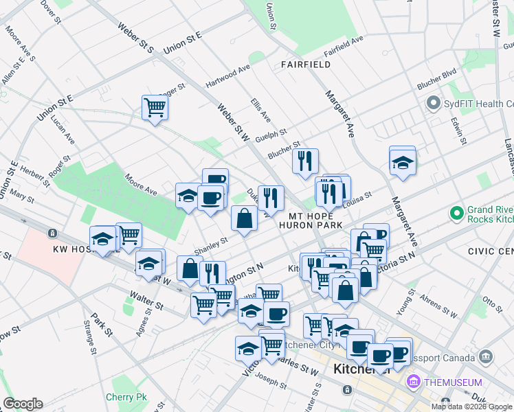 map of restaurants, bars, coffee shops, grocery stores, and more near 427 Duke Street West in Kitchener