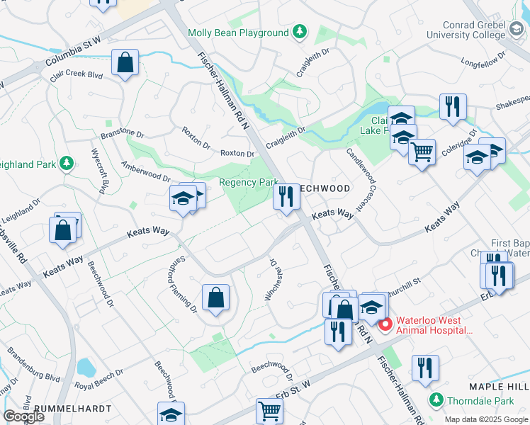 map of restaurants, bars, coffee shops, grocery stores, and more near 125 Ashberry Place in Waterloo