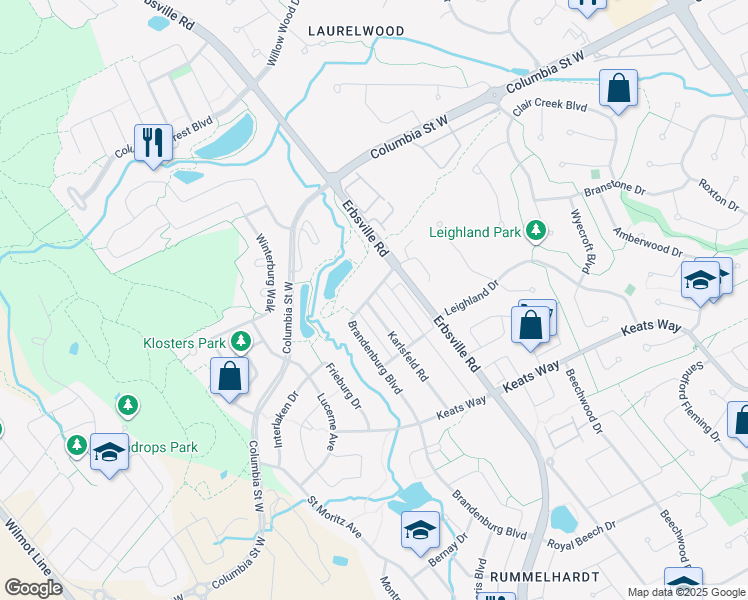 map of restaurants, bars, coffee shops, grocery stores, and more near 660 Karlsfeld Road in Waterloo
