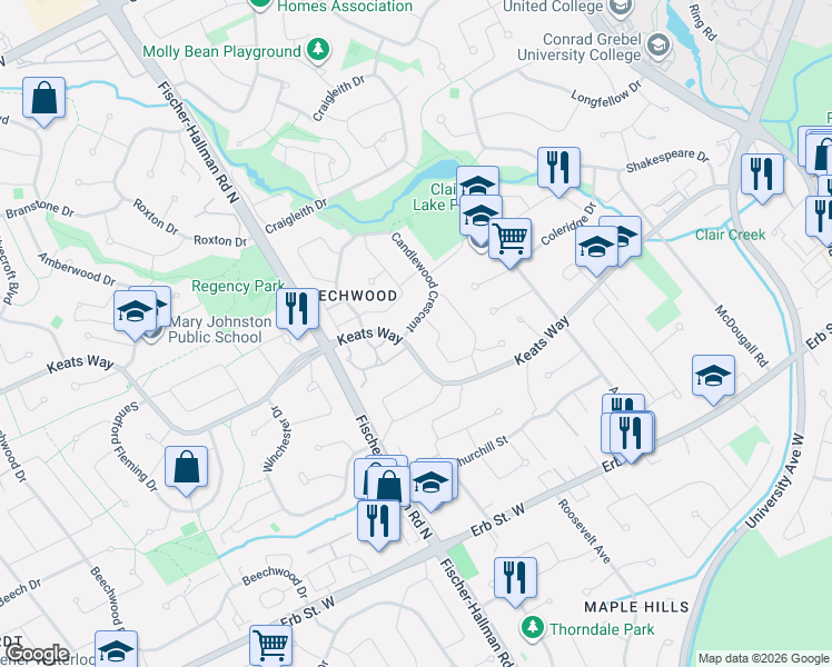 map of restaurants, bars, coffee shops, grocery stores, and more near 118 Candlewood Crescent in Waterloo