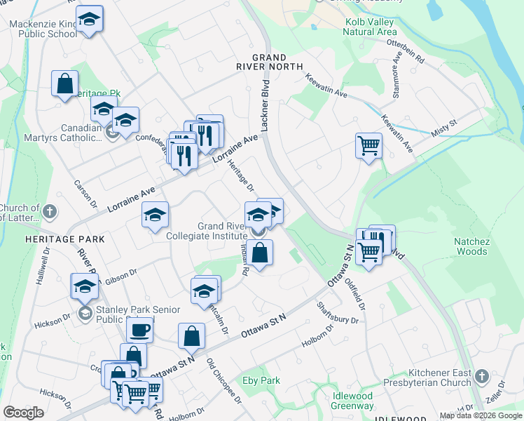 map of restaurants, bars, coffee shops, grocery stores, and more near 188 Indian Road in Kitchener