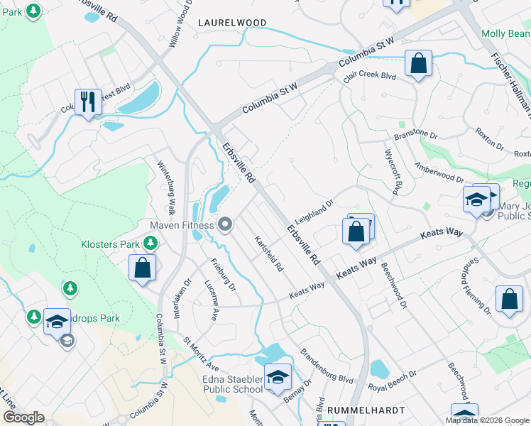 map of restaurants, bars, coffee shops, grocery stores, and more near 672 Zermatt Drive in Waterloo