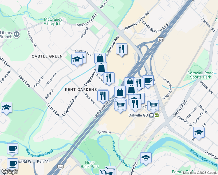 map of restaurants, bars, coffee shops, grocery stores, and more near 1030 Pearson Drive in Oakville