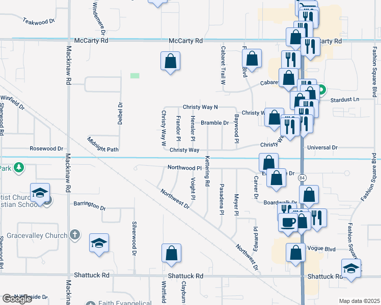 map of restaurants, bars, coffee shops, grocery stores, and more near 3460 Northwood Place in Saginaw