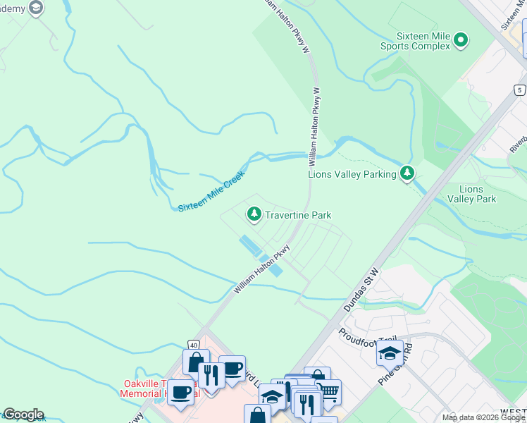 map of restaurants, bars, coffee shops, grocery stores, and more near 3133 Moss Gardens in Oakville