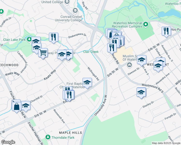 map of restaurants, bars, coffee shops, grocery stores, and more near 27 McDougall Road in Waterloo