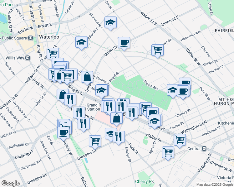 map of restaurants, bars, coffee shops, grocery stores, and more near 15 Herbert Street in Kitchener