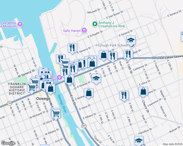 map of restaurants, bars, coffee shops, grocery stores, and more near 89 East 5th Street in Oswego