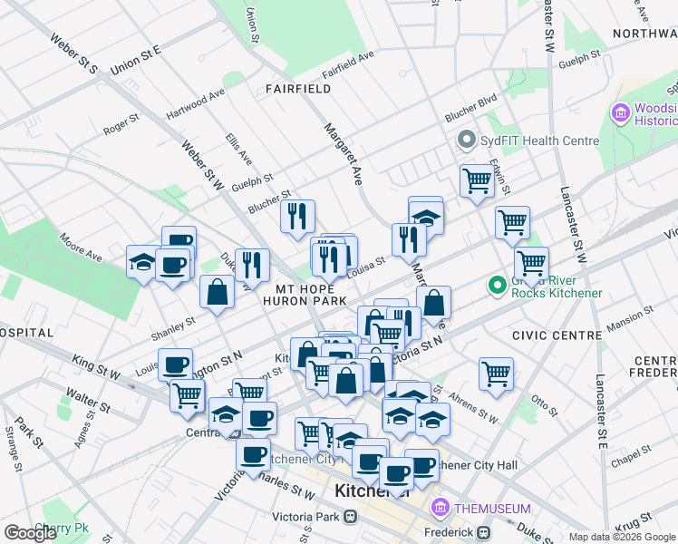 map of restaurants, bars, coffee shops, grocery stores, and more near in Kitchener