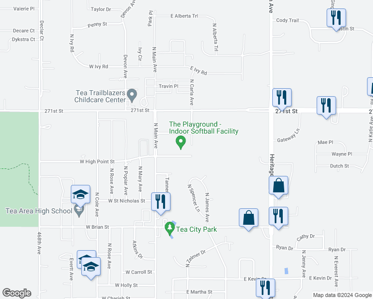 map of restaurants, bars, coffee shops, grocery stores, and more near 201 E West High Point Street in Tea