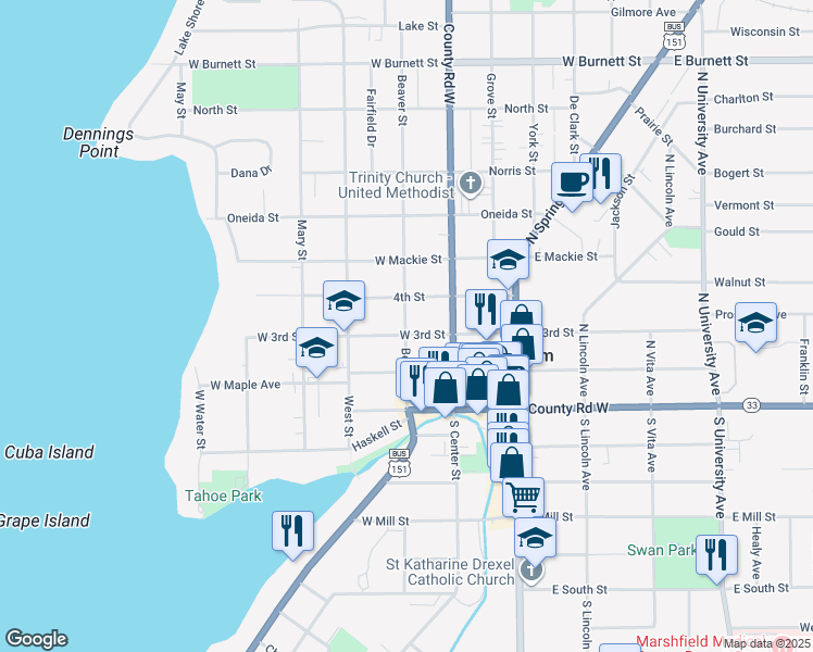 map of restaurants, bars, coffee shops, grocery stores, and more near 130 Frances Lane in Beaver Dam