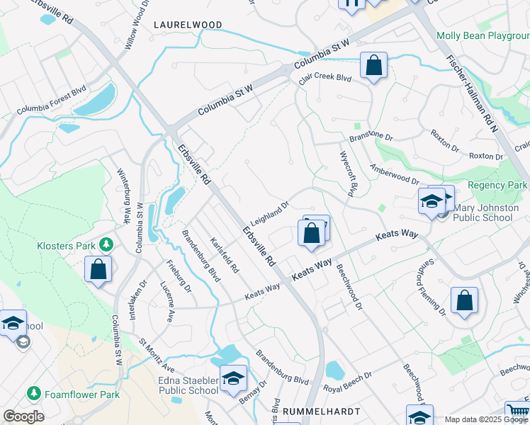 map of restaurants, bars, coffee shops, grocery stores, and more near 590 Leighland Drive in Waterloo