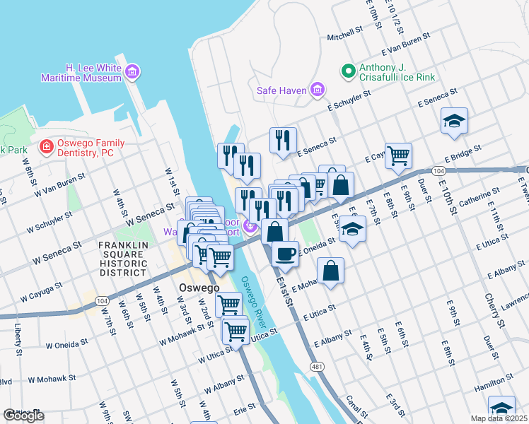 map of restaurants, bars, coffee shops, grocery stores, and more near 91 East 1st Street in Oswego