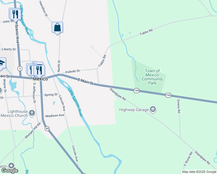 map of restaurants, bars, coffee shops, grocery stores, and more near 855 County Route 58 in Mexico