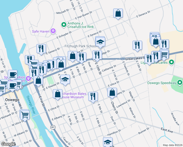 map of restaurants, bars, coffee shops, grocery stores, and more near 113-115 East Mohawk Street in Oswego