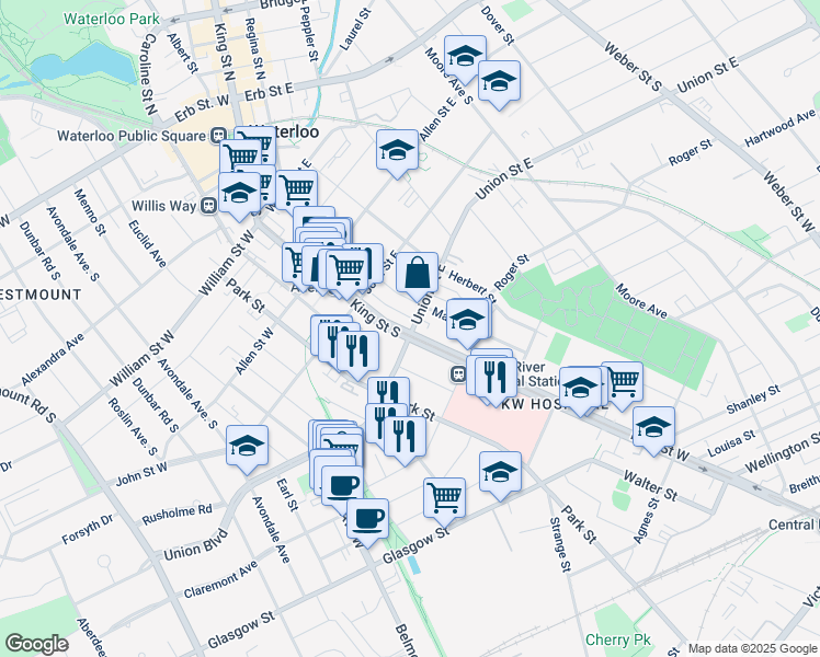 map of restaurants, bars, coffee shops, grocery stores, and more near in Waterloo