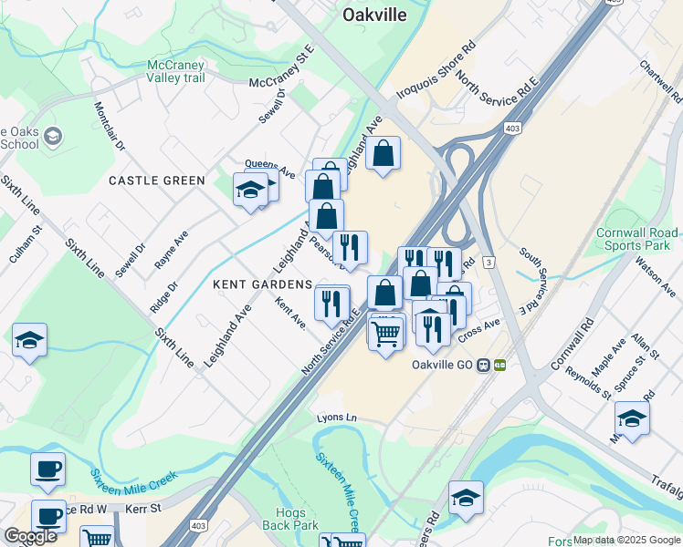 map of restaurants, bars, coffee shops, grocery stores, and more near 1040 Pearson Drive in Oakville