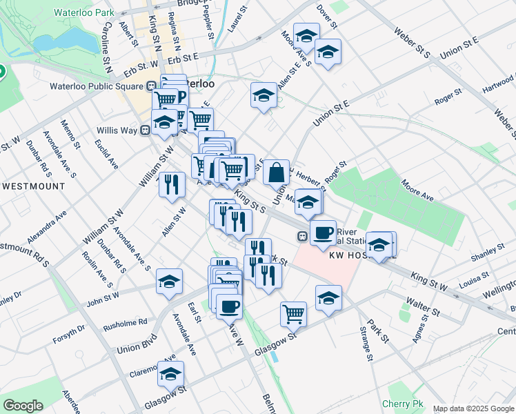 map of restaurants, bars, coffee shops, grocery stores, and more near 227 King Street South in Waterloo