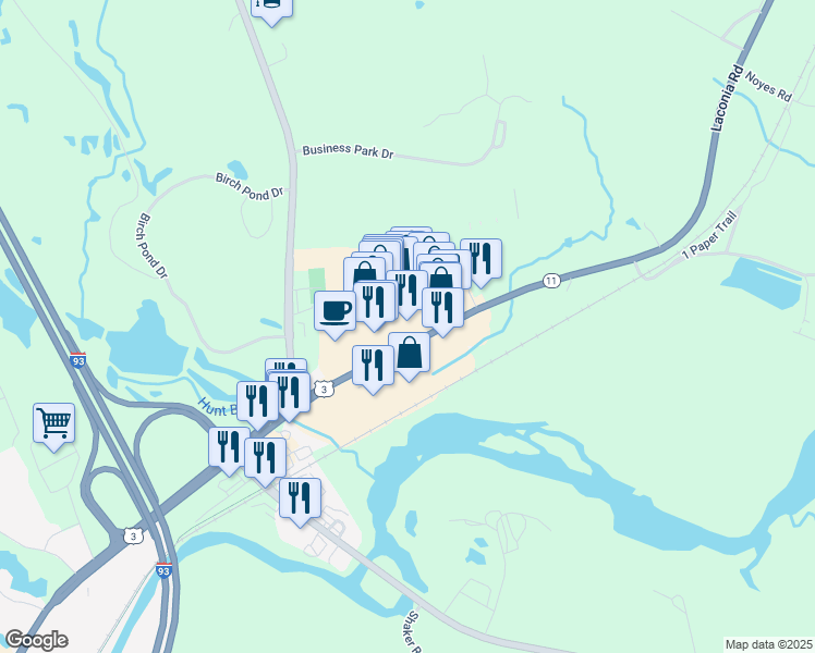 map of restaurants, bars, coffee shops, grocery stores, and more near 120 Laconia Road in Tilton