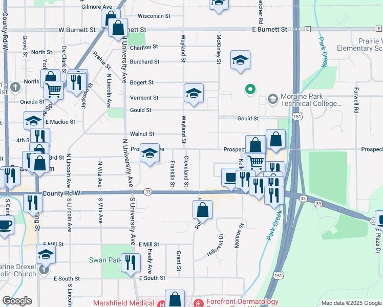 map of restaurants, bars, coffee shops, grocery stores, and more near 125 Cleveland Street in Beaver Dam
