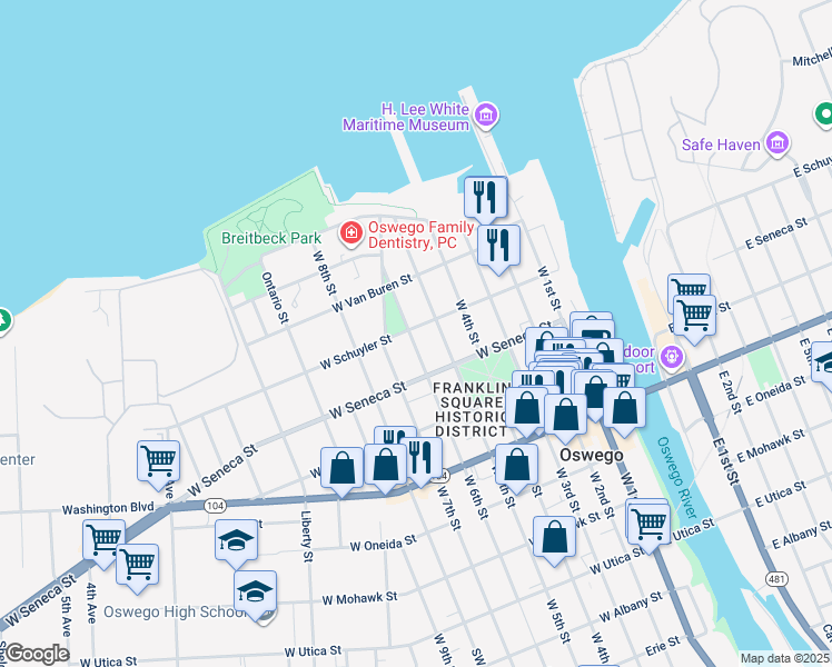 map of restaurants, bars, coffee shops, grocery stores, and more near 53 West 6th Street in Oswego