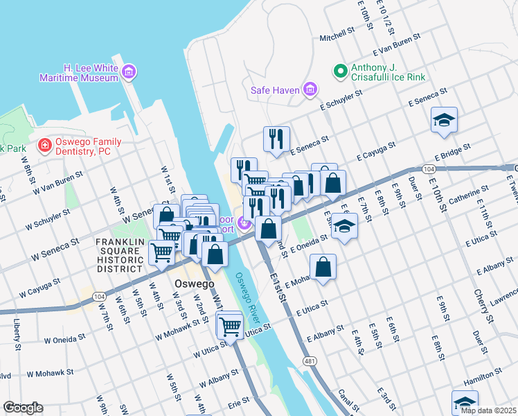 map of restaurants, bars, coffee shops, grocery stores, and more near 18 East Cayuga Street in Oswego