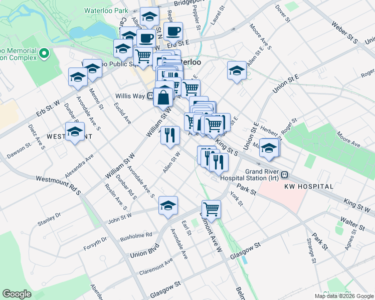 map of restaurants, bars, coffee shops, grocery stores, and more near 19 Allen Street West in Waterloo