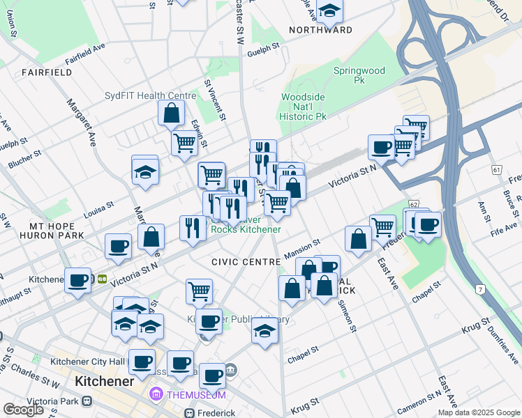 map of restaurants, bars, coffee shops, grocery stores, and more near 34 Lancaster Street West in Kitchener