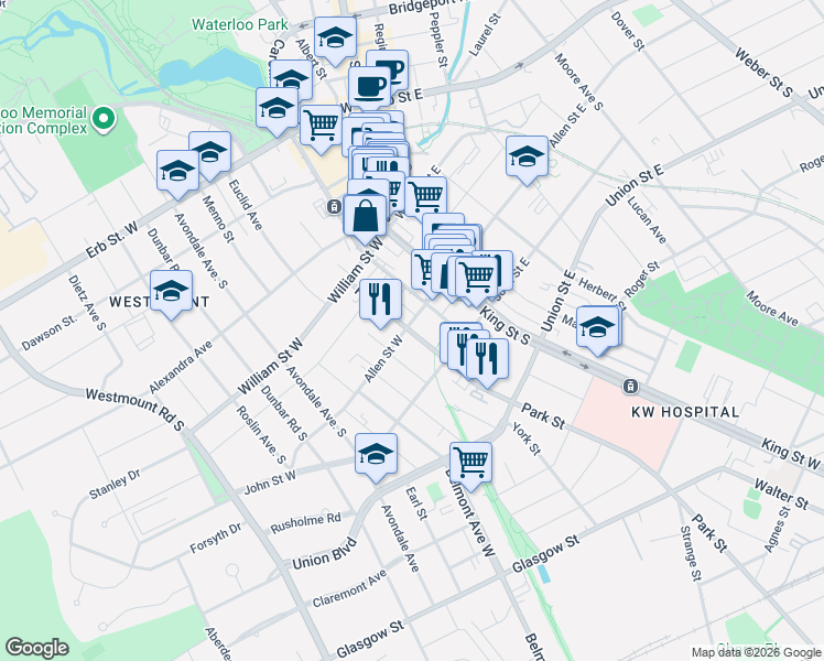 map of restaurants, bars, coffee shops, grocery stores, and more near in Waterloo