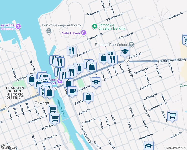 map of restaurants, bars, coffee shops, grocery stores, and more near 66 East 6th Street in Oswego