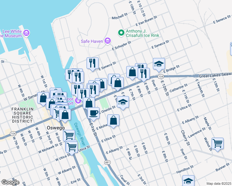 map of restaurants, bars, coffee shops, grocery stores, and more near 66 East 6th Street in Oswego