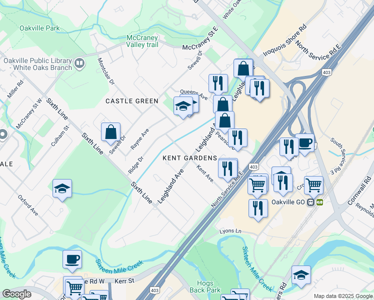 map of restaurants, bars, coffee shops, grocery stores, and more near 1125 Kent Avenue in Oakville