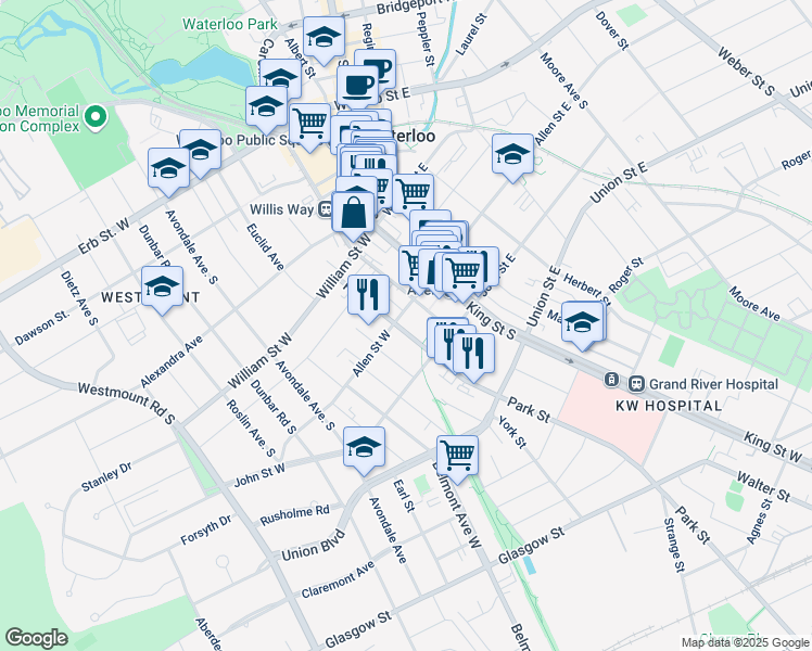 map of restaurants, bars, coffee shops, grocery stores, and more near in Waterloo