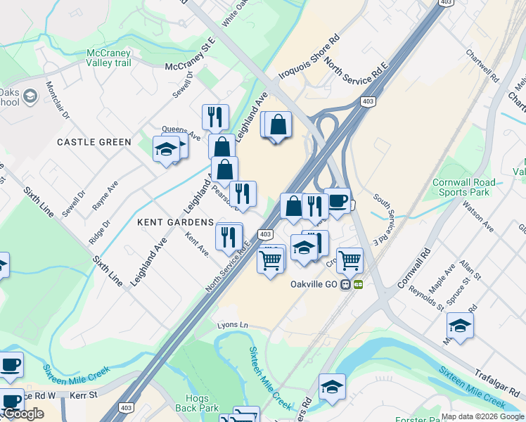 map of restaurants, bars, coffee shops, grocery stores, and more near 1011 Pearson Drive in Oakville