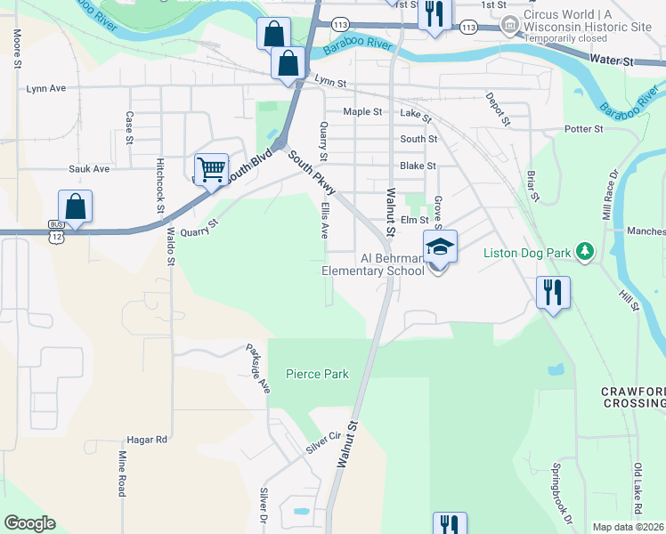 map of restaurants, bars, coffee shops, grocery stores, and more near 106 Hollywood Street in Baraboo